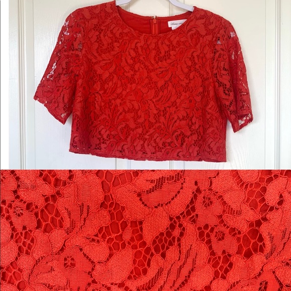 NWOT Lovers + Friends Red Orange Lace Short Sleeve Crop Top - Picture 1 of 7